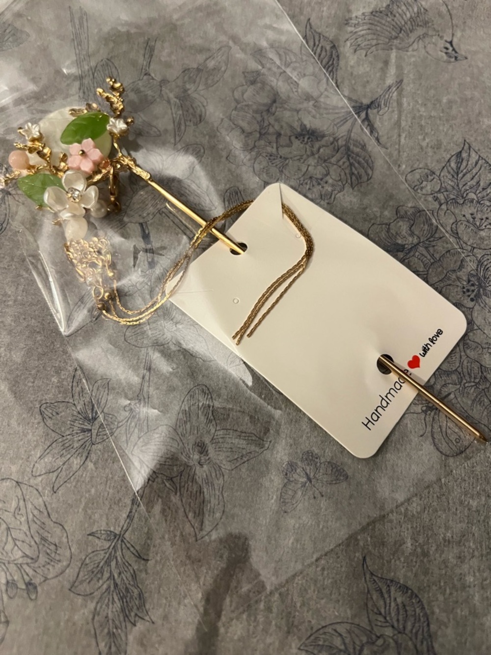 Gold Floral Hair Stick with Pink, Green and White Accents